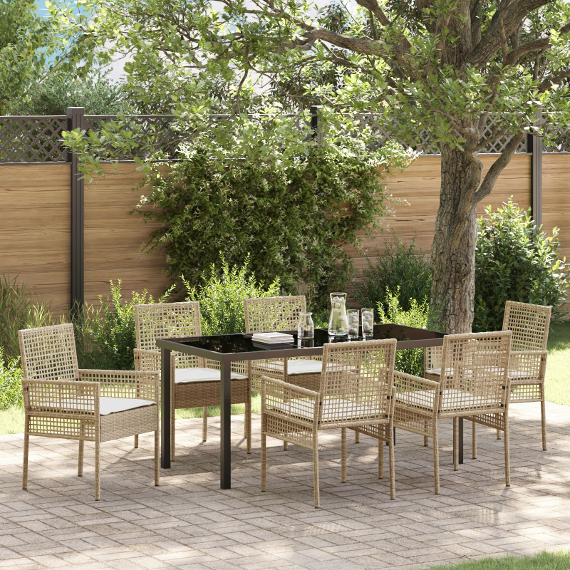 7-teilige Garten Essgruppe mit Kissen Beige Poly Rattan