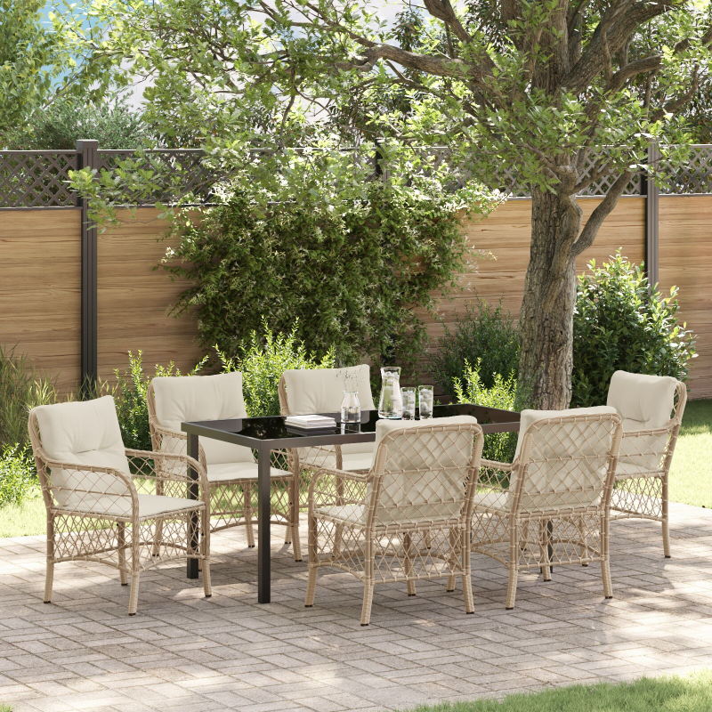 7-teiliges Garten Essgruppe mit Kissen Beige Poly Rattan