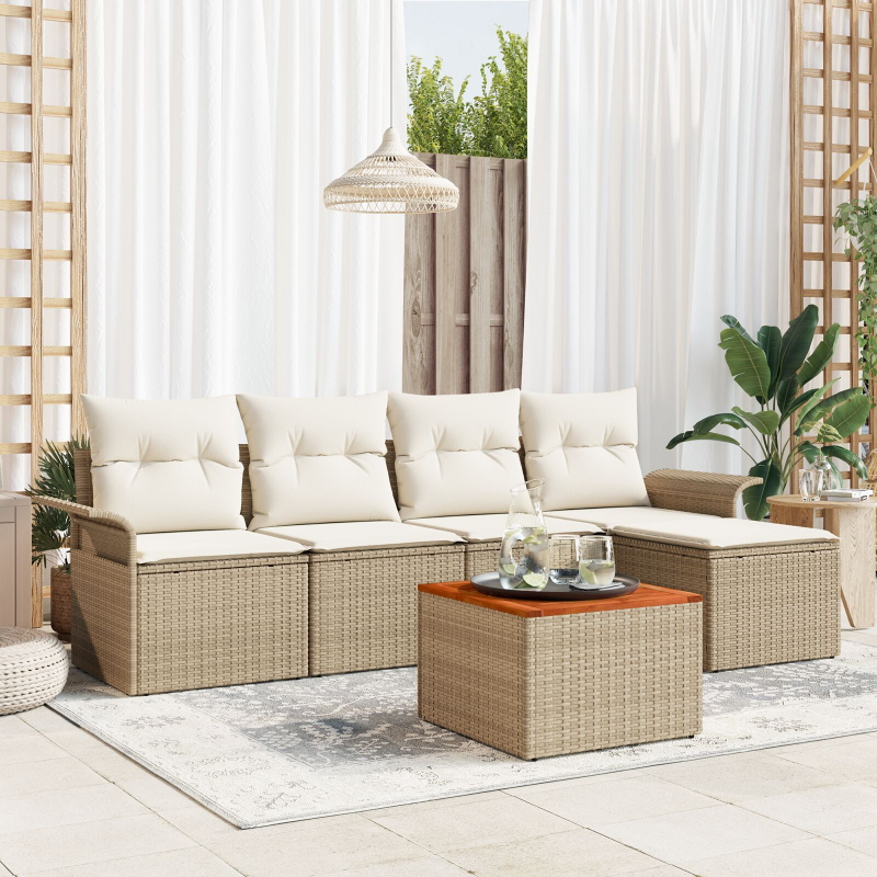 6-teiliges Garten-Sofa-Set mit Kissen Beige Poly Rattan Akazie