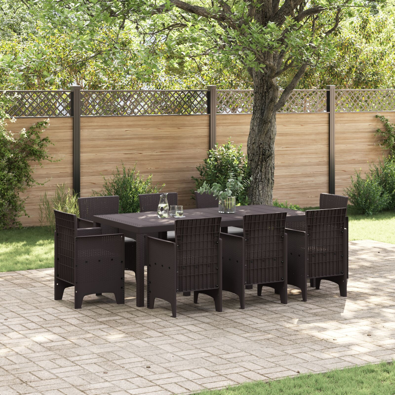 9-teiliges Garten Essset mit Kissen, braunes Poly-Rattan