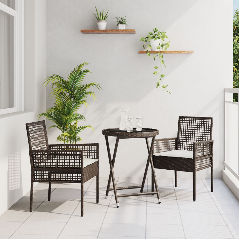 3-teiliges Bistro-Set für den Garten mit Kissen aus braunem Poly-Rattan