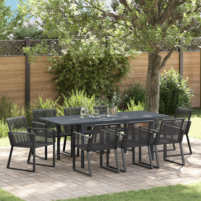 9-teiliges Garten Esszimmer Set Schwarz Poly Rattan, Erweiterbarer Gartentisch Anthrazit (140-210)x90x73 cm Stahl