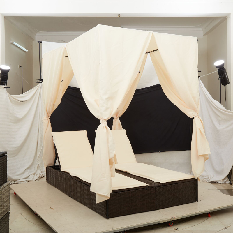 Doppelliege mit Dach und Vorhängen Braun Poly Rattan