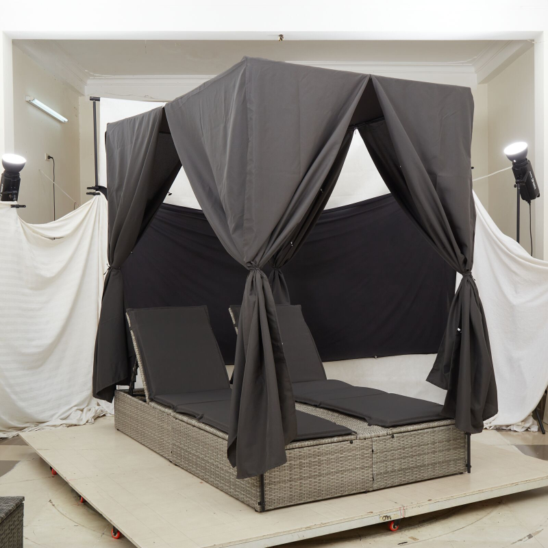 Doppel-Sonnenliege mit Dach und Vorhängen Hellgrau Poly Rattan