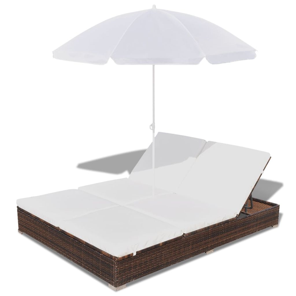 Outdoor-Loungebett mit Sonnenschirm Poly Rattan Braun