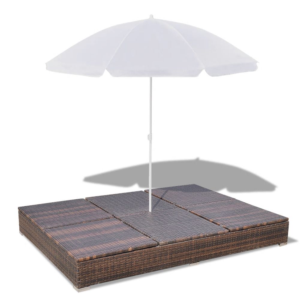 Outdoor-Loungebett mit Sonnenschirm Poly Rattan Braun