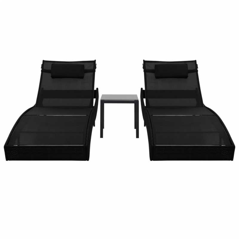 Sonnenliegen 2 Stk. mit Tisch Poly Rattan und Textilene Schwarz