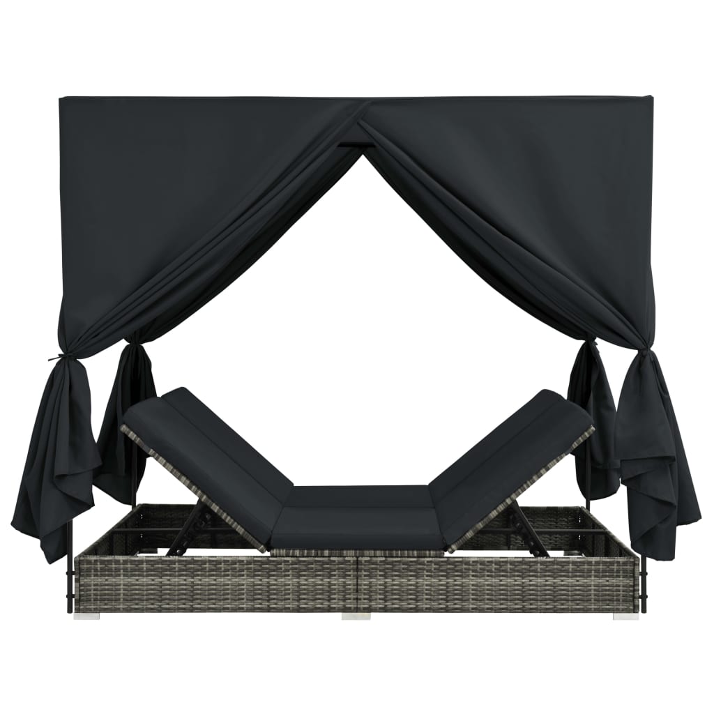 Outdoor-Lounge-Bett mit Vorhängen Poly Rattan Grau