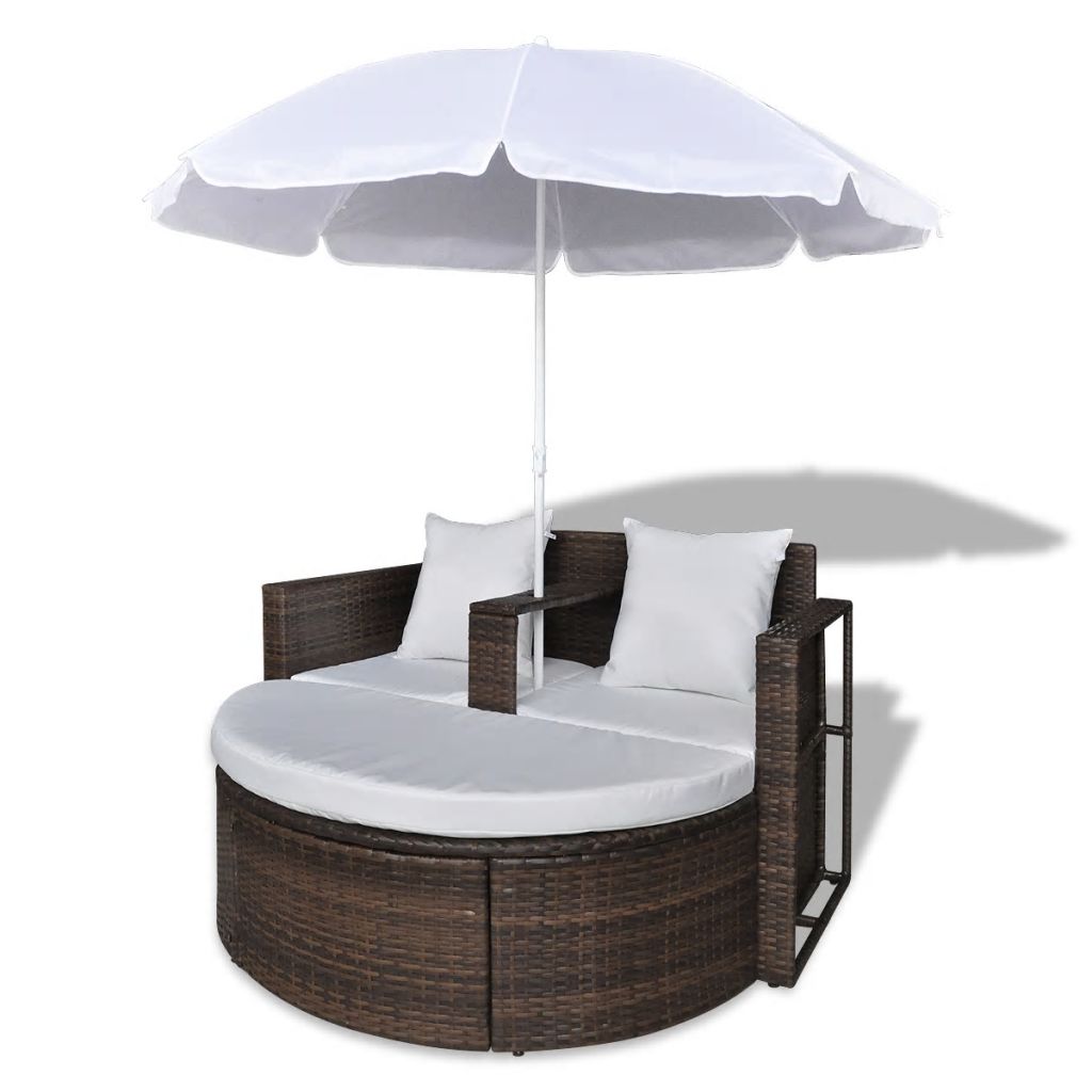 Gartenbett mit Sonnenschirm Braun Poly Rattan