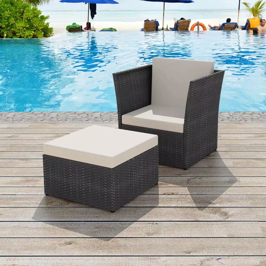 Gartensessel mit Fußhocker Poly Rattan Schwarz