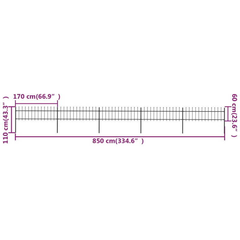 Gartenzaun mit Speerspitzen Stahl 8,5 x 0,6 m Schwarz