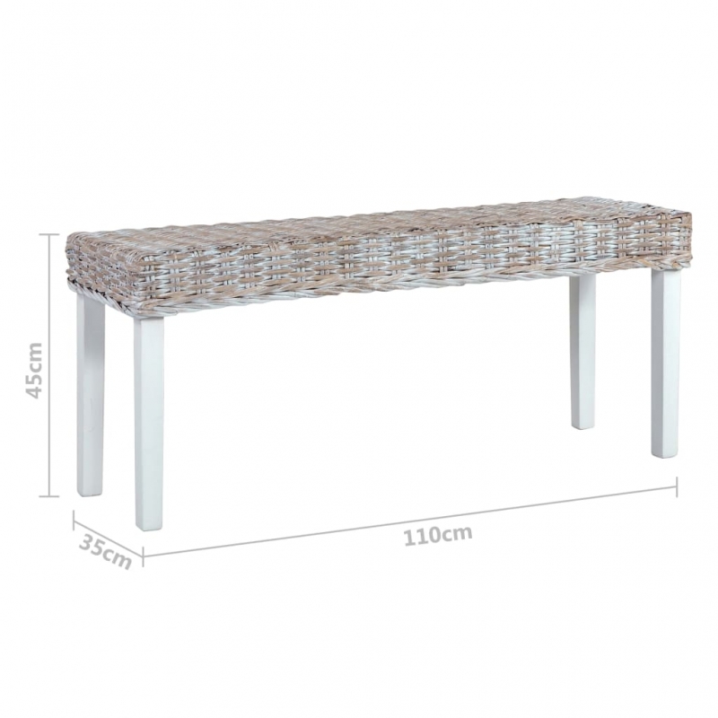 Sitzbank 110 cm Weiß Natur Kubu-Rattan und Massivholz Mango