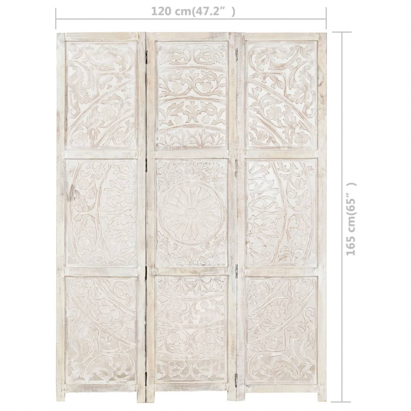 3tlg. Raumteiler Handgeschnitzt Weiß 120×165cm Mango Massivholz