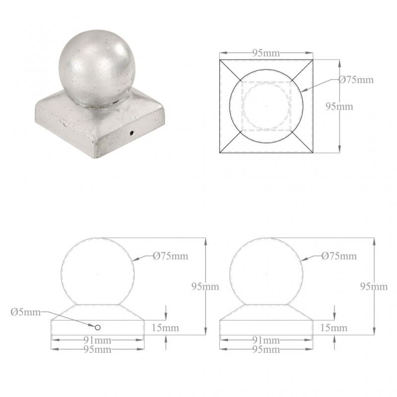 Pfostenkappen 6 Stk. Kugelform Verzinktes Metall 91 x 91 mm