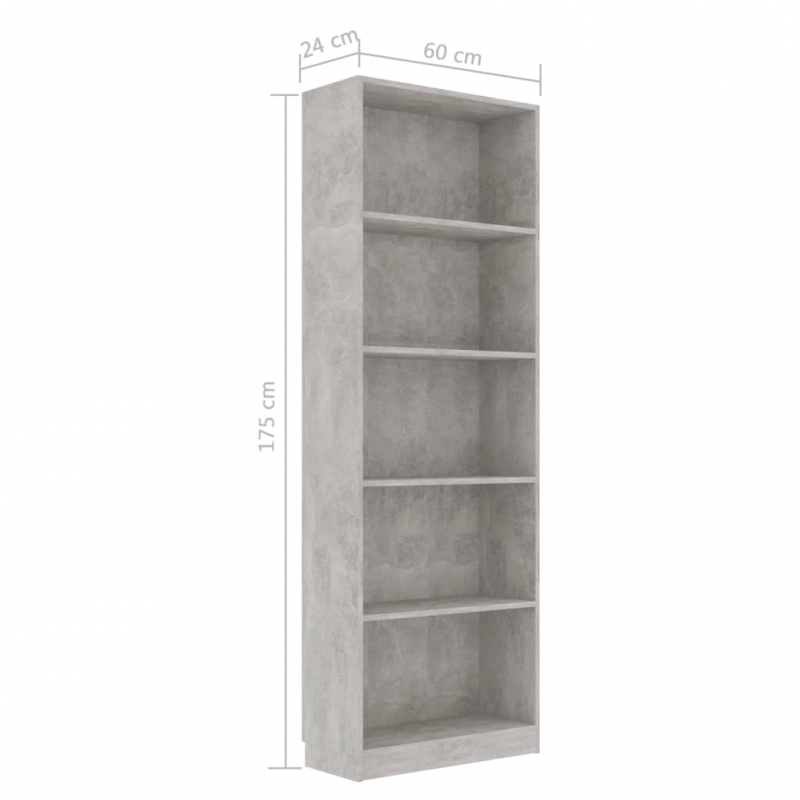Bücherregal 5 Fächer Betongrau 60x24x175 cm Holzwerkstoff