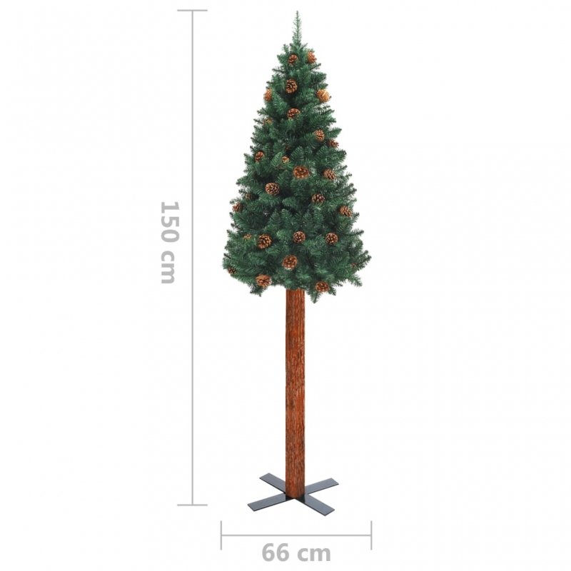 Weihnachtsbaum Schlank mit Echtholz und Zapfen Grün 150 cm PVC