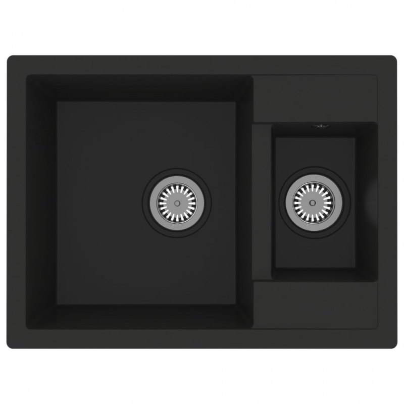Küchenspüle mit Überlauf Doppelbecken Schwarz Granit