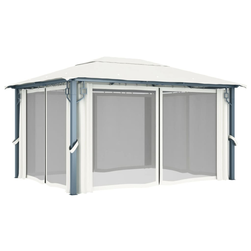 Pavillon mit Vorhängen & LED-Lichterkette 400x300 cm Creme Alu