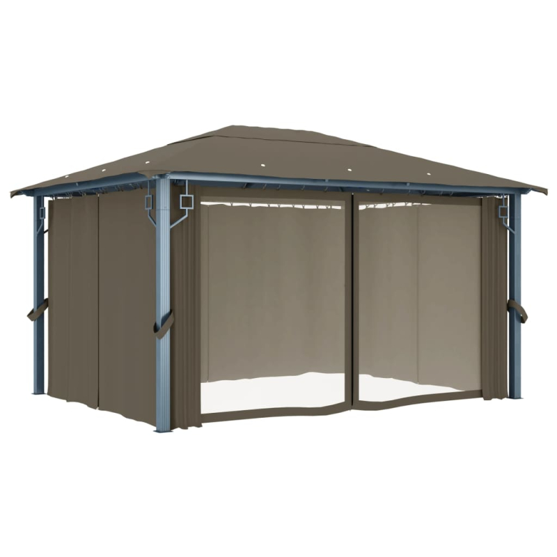 Pavillon mit Vorhängen & LED-Lichterkette 400x300 cm Taupe Alu