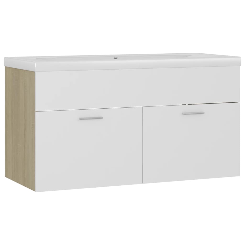 Waschbeckenunterschrank mit Einbaubecken Weiß und Sonoma-Eiche