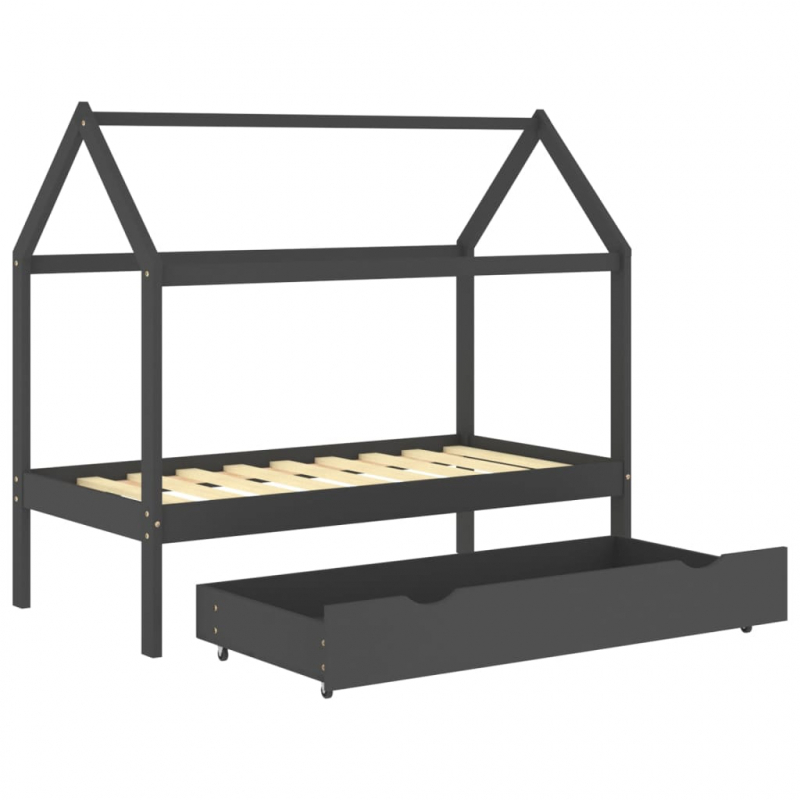 Kinderbett mit Schublade Dunkelgrau Massivholz Kiefer 80x160 cm