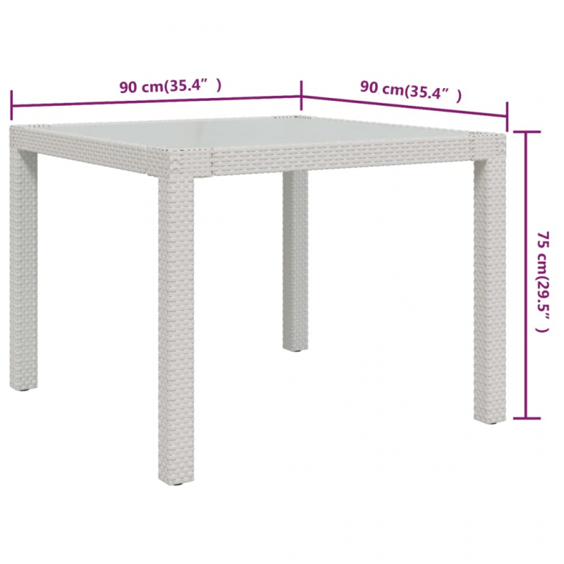 Gartentisch 90x90x75 cm Gehärtetes Glas Poly Rattan Weiß