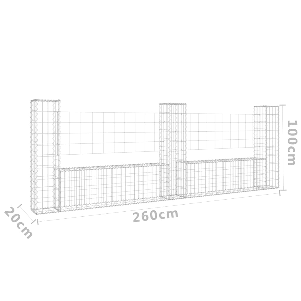 Gabionenkorb U-Form mit 3 Säulen Eisen 260x20x100 cm