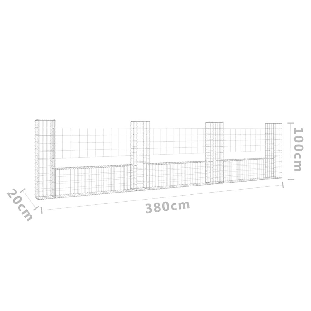 Gabionenkorb U-Form mit 4 Säulen Eisen 380x20x100 cm