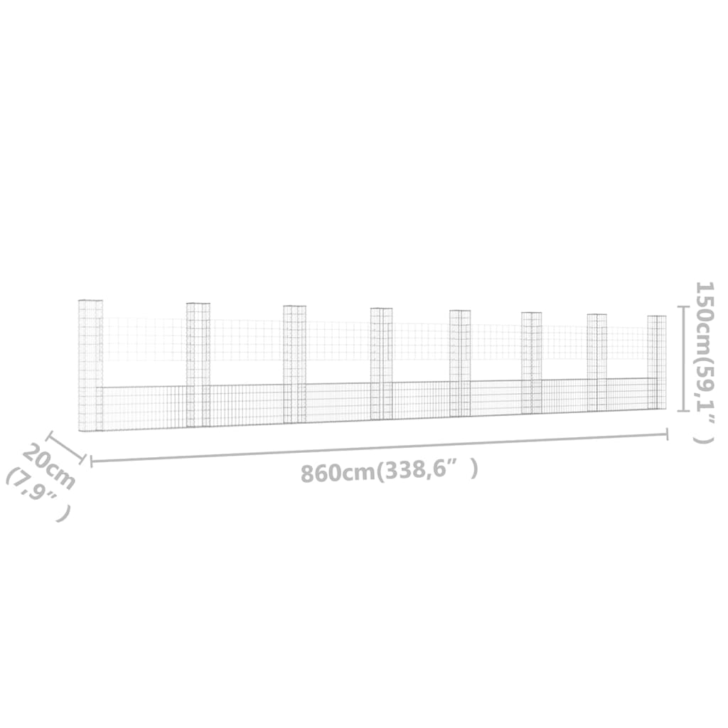 Gabionenkorb U-Form mit 8 Säulen Eisen 860x20x150 cm