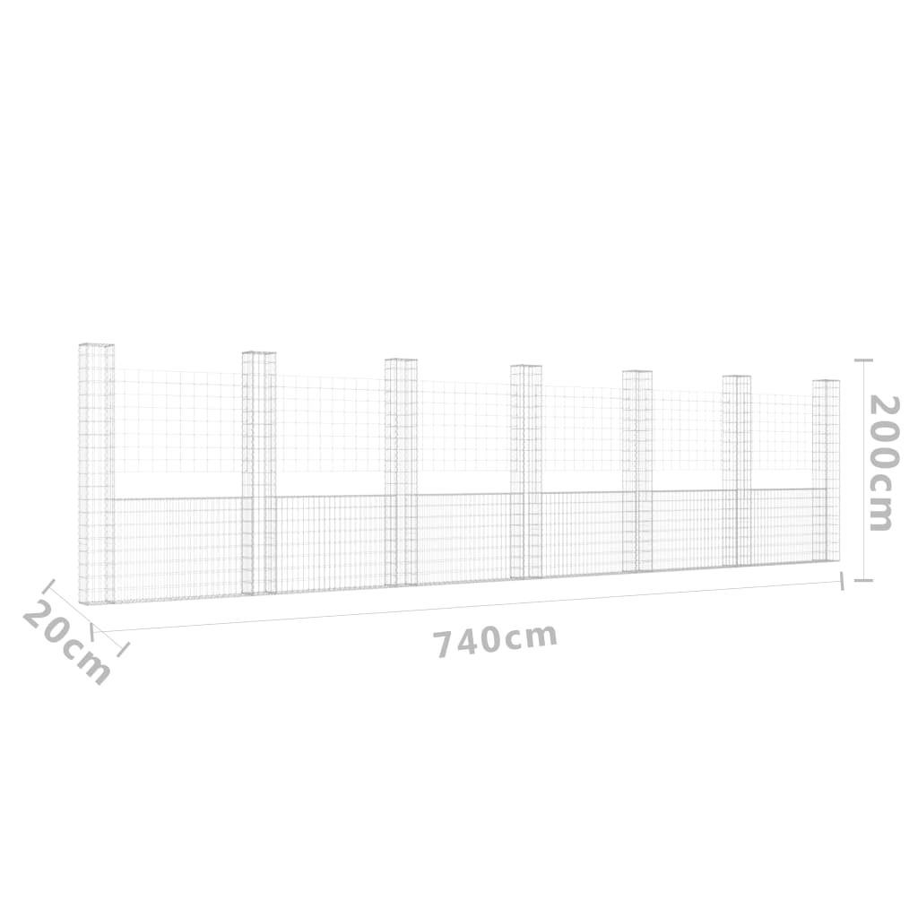 Gabionenkorb U-Form mit 7 Säulen Eisen 740x20x200 cm