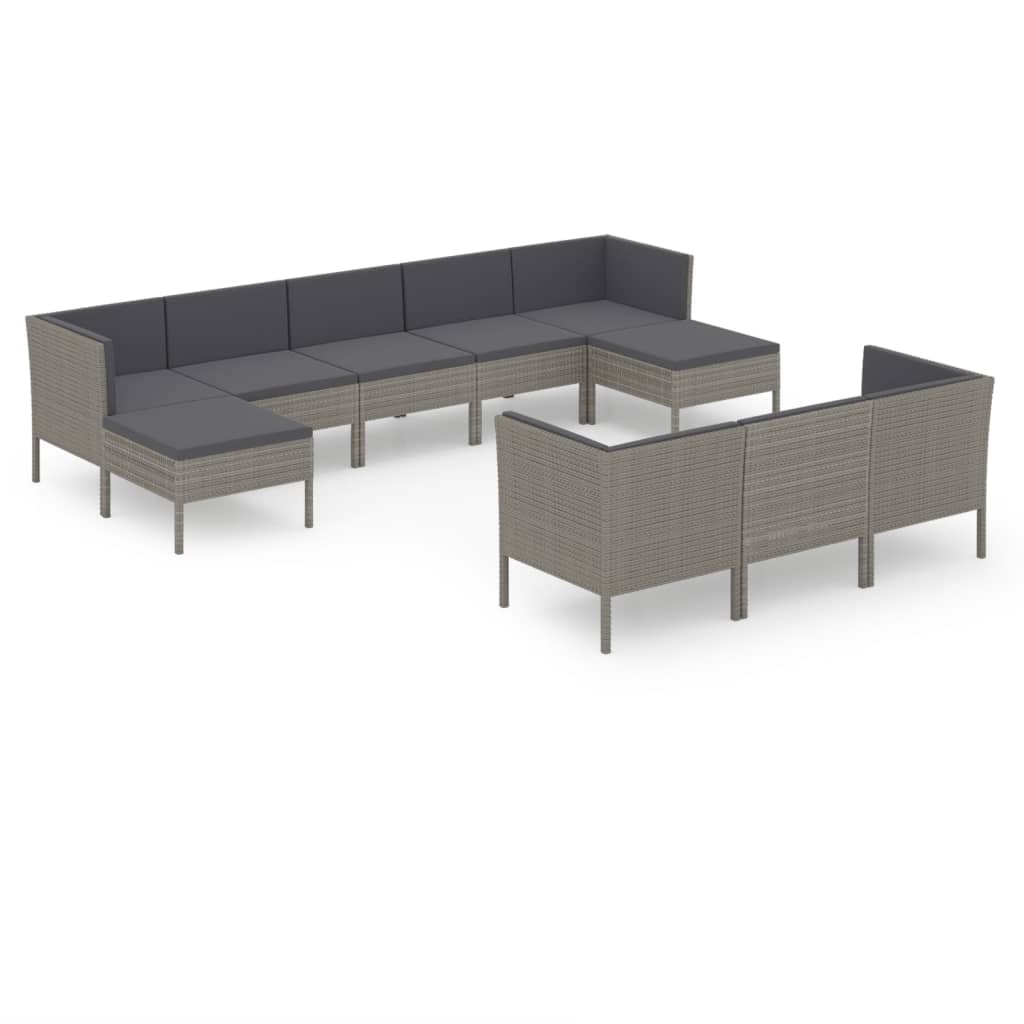 10-tlg. Garten-Lounge-Set mit Auflagen Poly Rattan Grau