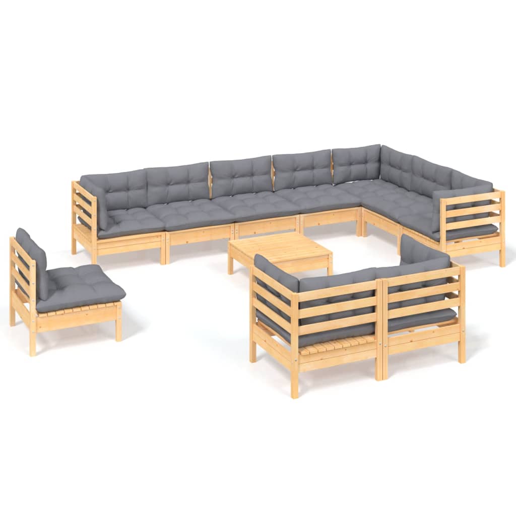 11-tlg. Garten-Lounge-Set mit Grauen Kissen Kiefer Massivholz