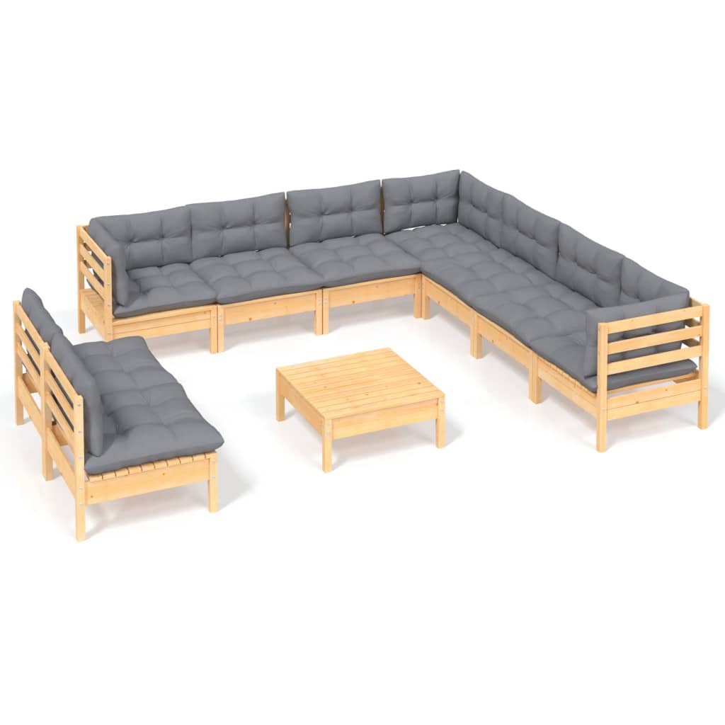 10-tlg. Garten-Lounge-Set mit Grauen Kissen Massivholz Kiefer