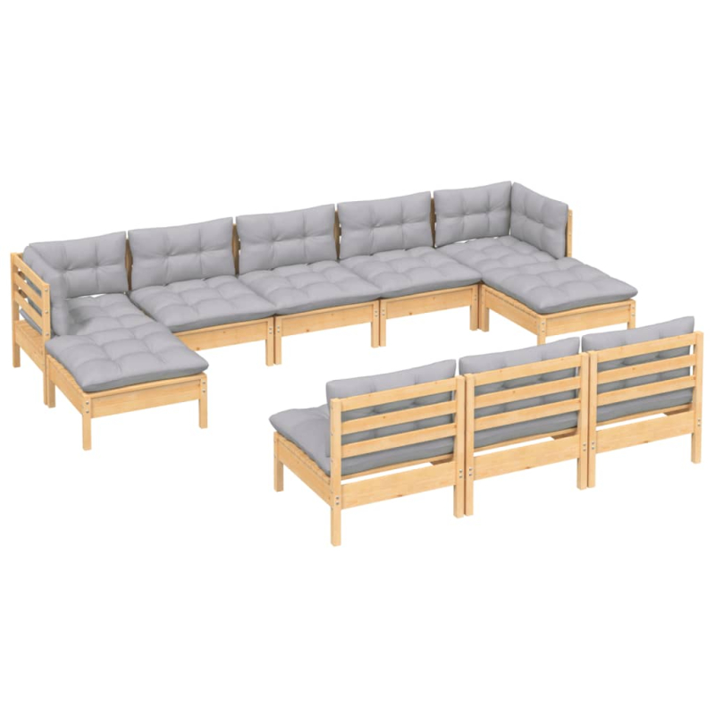 10-tlg. Garten-Lounge-Set mit Grauen Kissen Kiefernholz