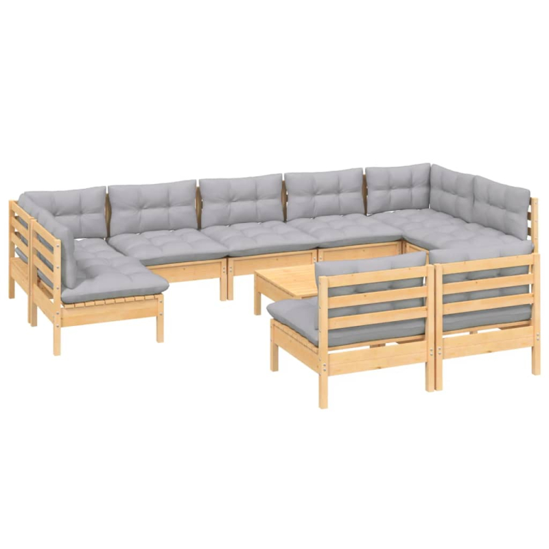 10-tlg. Garten-Lounge-Set mit Grauen Kissen Kiefer Massivholz