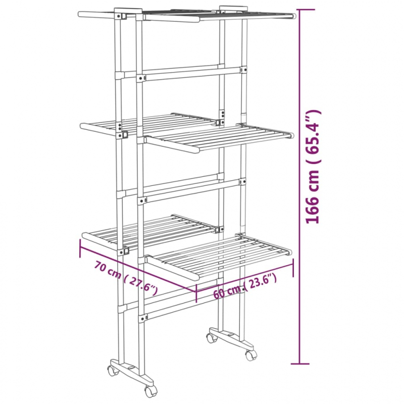 Wäscheständer 3 Etagen mit Rollen Silbern 60x70x129 cm