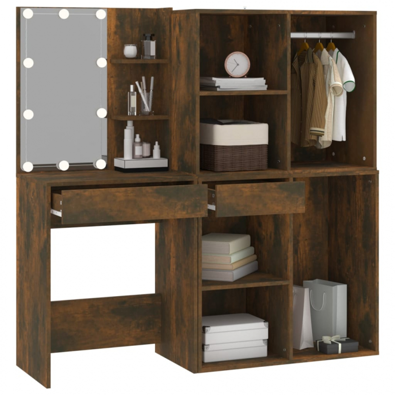 LED-Schminktisch mit Schränken Räuchereiche Holzwerkstoff