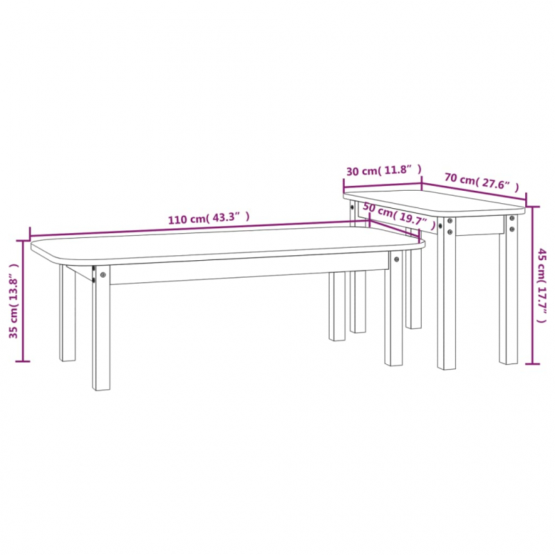 2-tlg. Couchtisch-Set Weiß Massivholz Kiefer