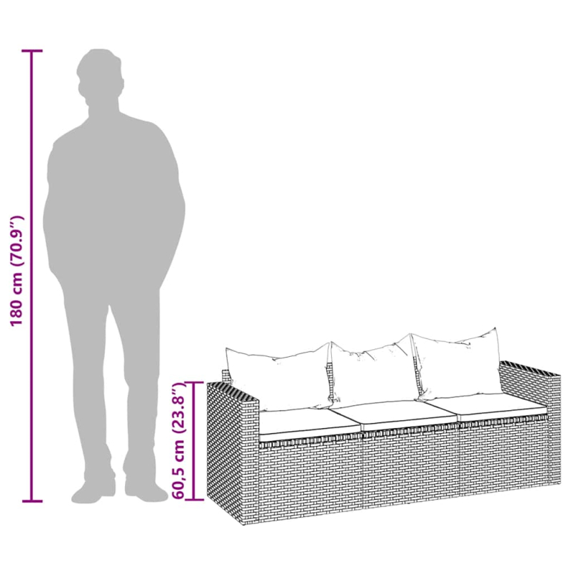 3-Sitzer-Gartensofa mit Kissen Schwarz Poly Rattan