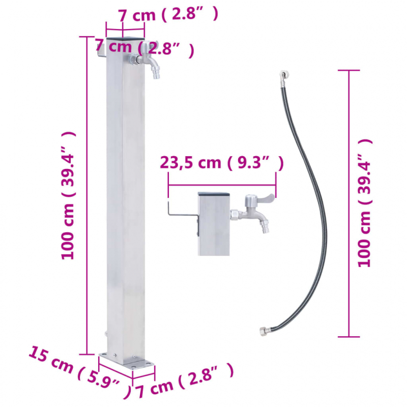 Wassersäule für den Garten 100 cm Edelstahl Quadratisch