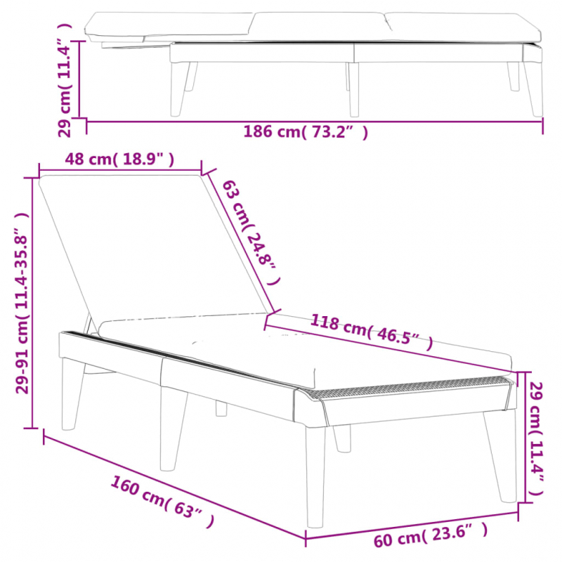 Sonnenliege mit Auflage Anthrazit 186x60x29 cm PP