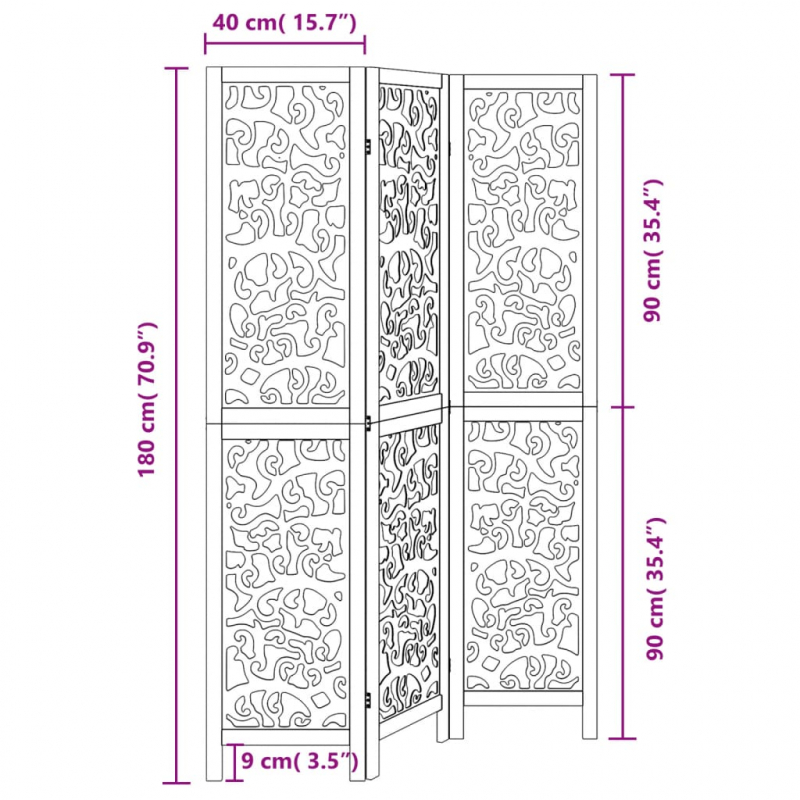 3-tlg. Paravent Schwarz Massivholz Paulownia
