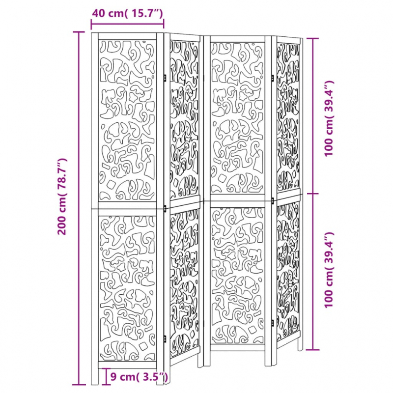 4-tlg. Paravent Schwarz Massivholz Paulownia