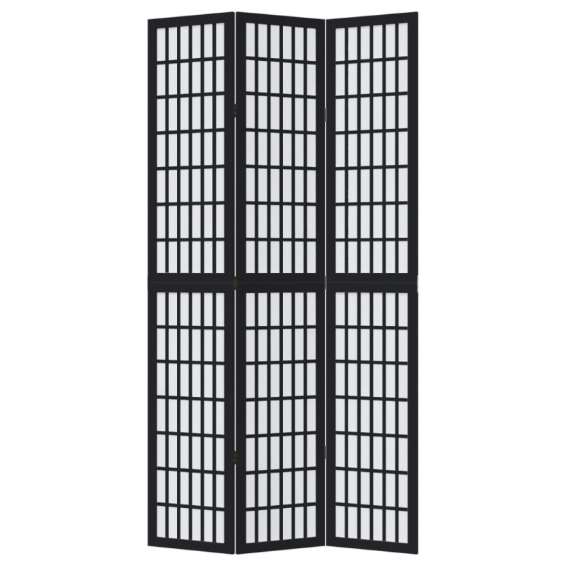 3-tlg. Paravent Schwarz Massivholz Paulownia