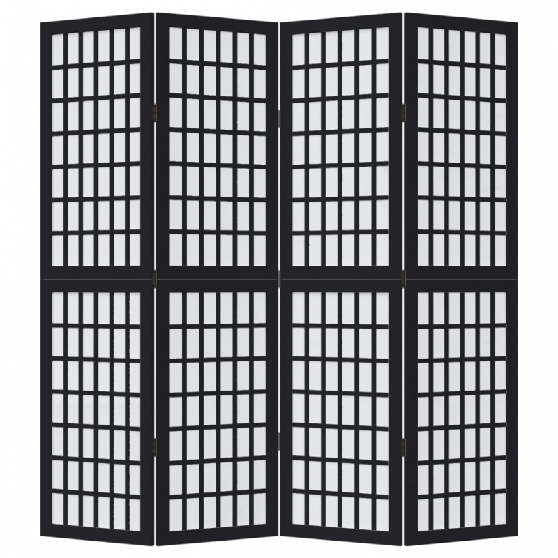 4-tlg. Paravent Schwarz Massivholz Paulownia