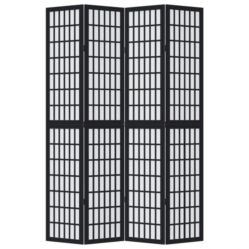 4-tlg. Paravent Schwarz Massivholz Paulownia