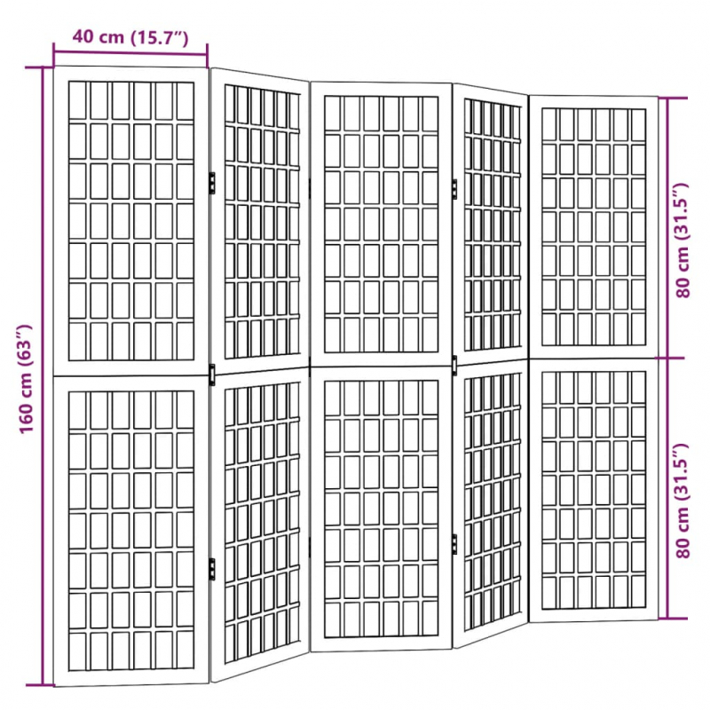 5-tlg. Paravent Schwarz Massivholz Paulownia