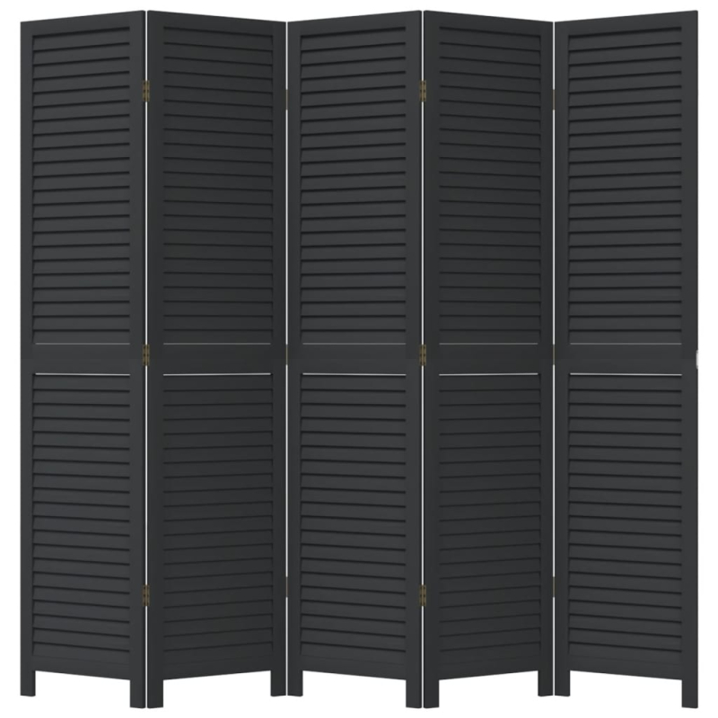5-tlg. Paravent Schwarz Massivholz Paulownia