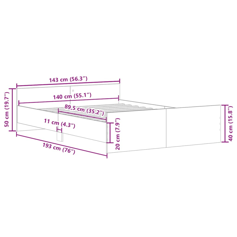 Bettgestell mit Kopf- und Fußteil Grau Sonoma 140x190 cm