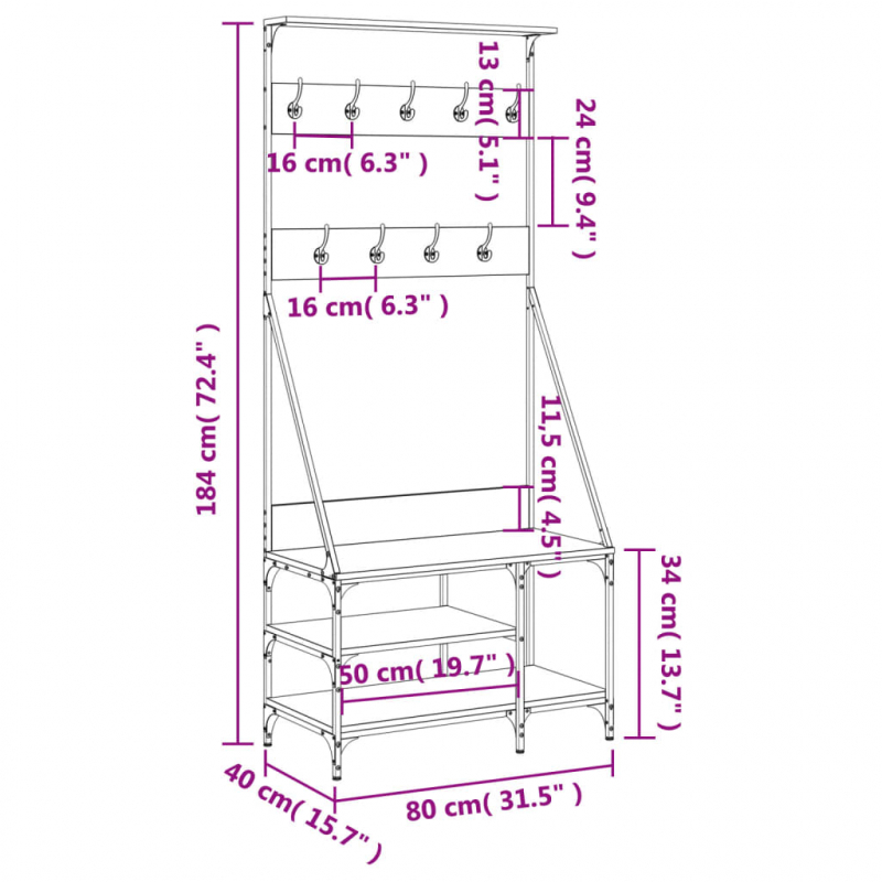 Kleiderständer mit Schuhablage Braun Eichen-Optik 80x40x184 cm